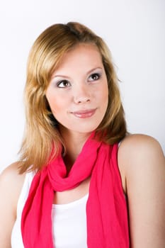 Woman with pink scarf