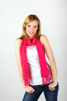 Woman with pink scarf