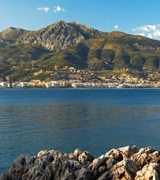 Mediterranean coast at Menton with Maritime Alps ,Menton,France