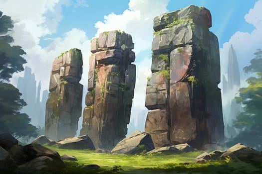 Behold the majestic marvels of the past - ancient stone colossi, towering giants hewn from the very bedrock itself.