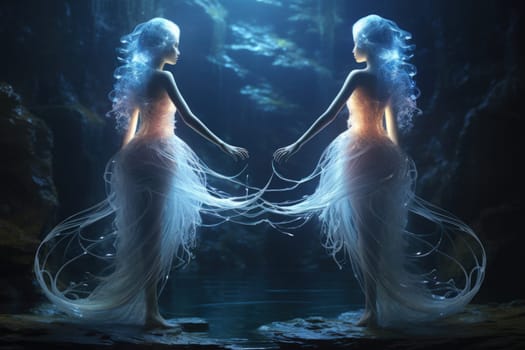 Imagine a mystical world where ethereal mermaids gracefully swim with flowing sapphire tails, enchanting all who gaze upon their mesmerizing beauty.