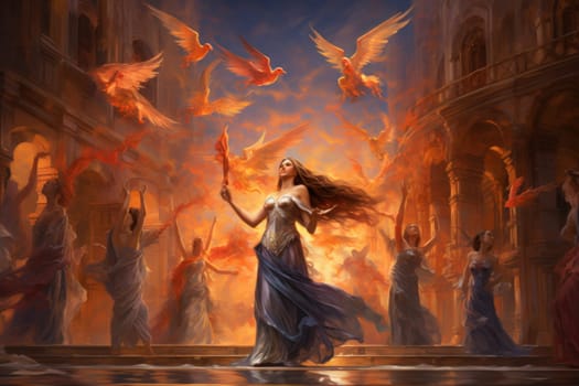 Within the realm of fantasy, elegant phoenix dancers grace the stage, their mesmerizing performances engulfed in flames.