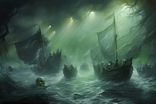 Embark on a haunting journey across the treacherous waters with this captivating illustration by a professional visual artist.