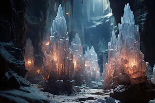 Deep within the realms of fantasy, mysterious icy caves hold untold treasures, guarded by glistening crystal golems.