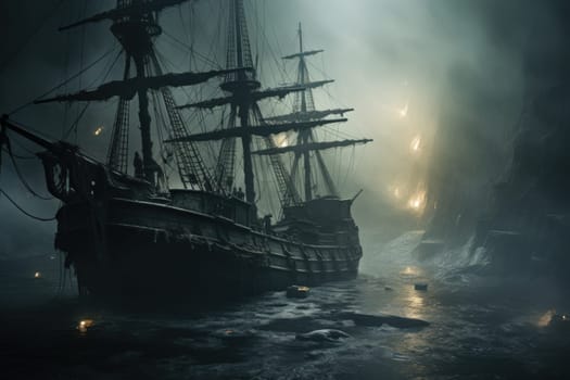 Embark on a haunting journey across the treacherous waters with this captivating illustration by a professional visual artist.