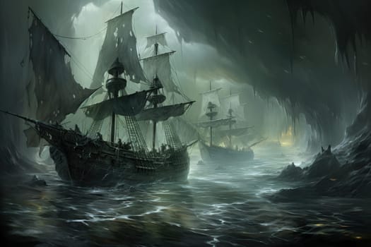 Embark on a haunting journey across the treacherous waters with this captivating illustration by a professional visual artist.