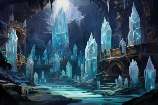 Deep within the realms of fantasy, mysterious icy caves hold untold treasures, guarded by glistening crystal golems.