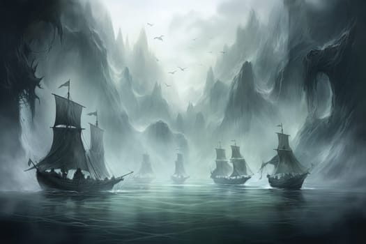 Embark on a haunting journey across the treacherous waters with this captivating illustration by a professional visual artist.
