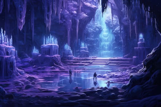 Deep within the realms of fantasy, mysterious icy caves hold untold treasures, guarded by glistening crystal golems.