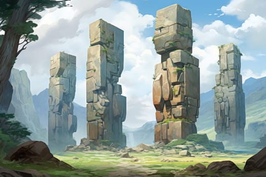 Behold the majestic marvels of the past - ancient stone colossi, towering giants hewn from the very bedrock itself.