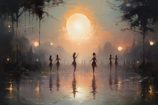 In the realm of fantasy, graceful moonlit dancers captivate with their ethereal movements, perfectly synchronized with the celestial rhythms.