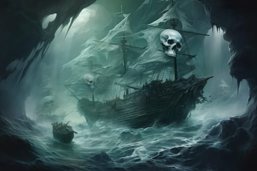 Embark on a haunting journey across the treacherous waters with this captivating illustration by a professional visual artist.