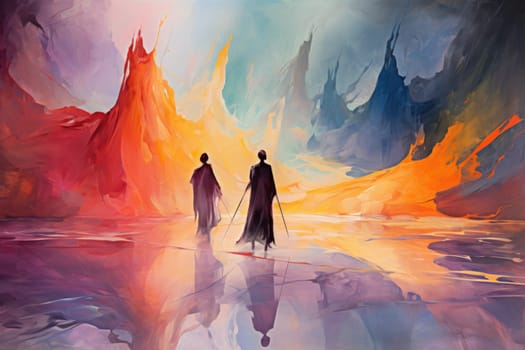 Embark on a fantastical journey where gargantuan giants, with their colossal stature, traverse the towering mountains with thunderous footsteps.