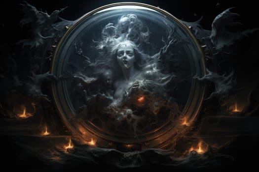 In the realm of fantasy, cursed mirror spirits are bound, their ethereal existence trapped within reflective surfaces.