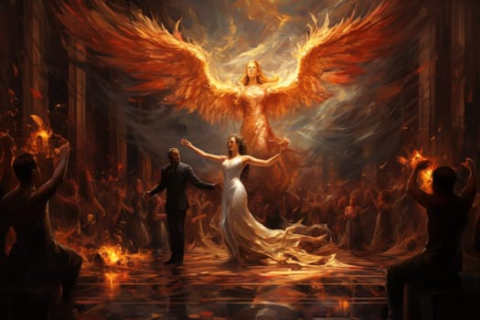 Within the realm of fantasy, elegant phoenix dancers grace the stage, their mesmerizing performances engulfed in flames.