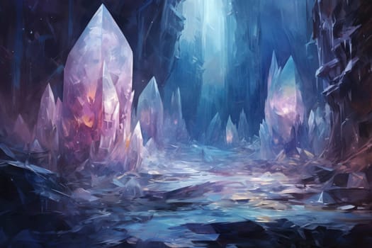 Deep within the realms of fantasy, mysterious icy caves hold untold treasures, guarded by glistening crystal golems.