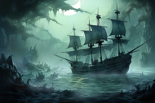 Embark on a haunting journey across the treacherous waters with this captivating illustration by a professional visual artist.