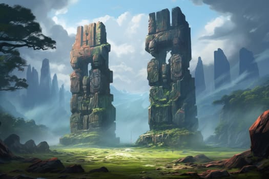 Behold the majestic marvels of the past - ancient stone colossi, towering giants hewn from the very bedrock itself.