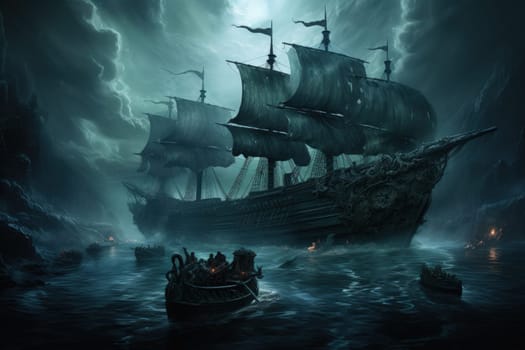 Embark on a haunting journey across the treacherous waters with this captivating illustration by a professional visual artist.
