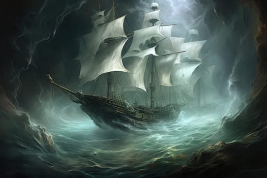 Embark on a haunting journey across the treacherous waters with this captivating illustration by a professional visual artist.