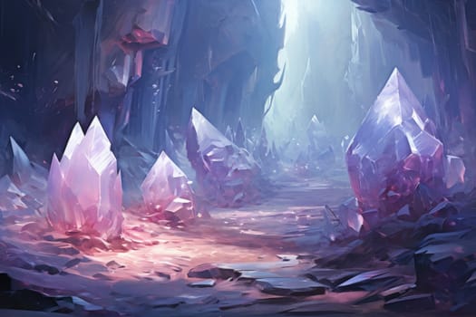 Deep within the realms of fantasy, mysterious icy caves hold untold treasures, guarded by glistening crystal golems.