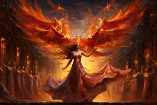 Within the realm of fantasy, elegant phoenix dancers grace the stage, their mesmerizing performances engulfed in flames.