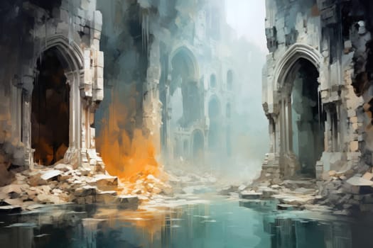 In the realm of fantasy, eerie and ethereal, ancient ruins and crumbling castles are shrouded in an unsettling atmosphere, haunted by ghostly apparitions.