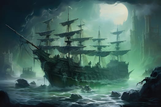 Embark on a haunting journey across the treacherous waters with this captivating illustration by a professional visual artist.