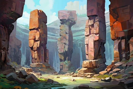 Behold the majestic marvels of the past - ancient stone colossi, towering giants hewn from the very bedrock itself.