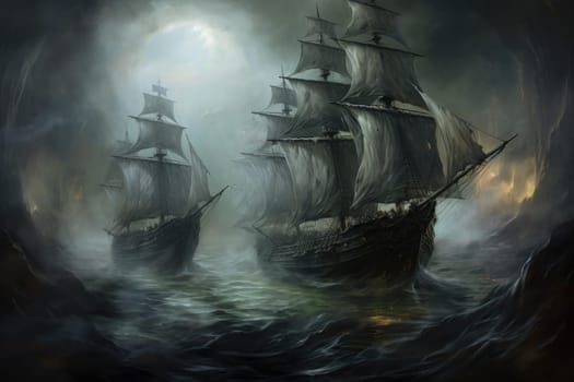 Embark on a haunting journey across the treacherous waters with this captivating illustration by a professional visual artist.
