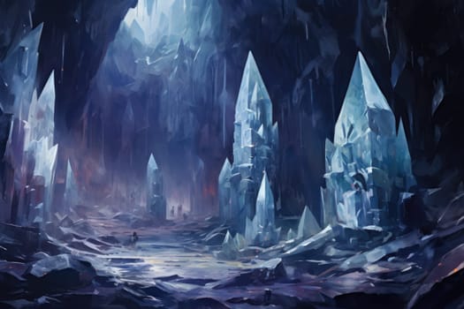 Deep within the realms of fantasy, mysterious icy caves hold untold treasures, guarded by glistening crystal golems.