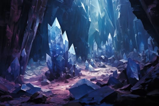Deep within the realms of fantasy, mysterious icy caves hold untold treasures, guarded by glistening crystal golems.
