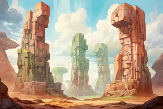 Behold the majestic marvels of the past - ancient stone colossi, towering giants hewn from the very bedrock itself.