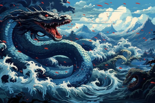 Dive into a fantastical realm where gigantic sea serpents, with their immense coils, slither through treacherous waters.