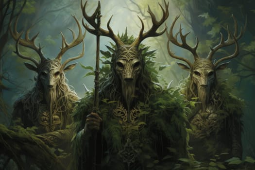 Deep within the mystical woodland realms of fantasy, ancient forest spirits stand as silent sentinels, their ethereal presence a testament to the wisdom and magic of the natural world.