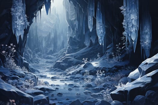 Deep within the realms of fantasy, mysterious icy caves hold untold treasures, guarded by glistening crystal golems.