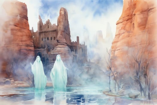 In the realm of fantasy, eerie and ethereal, ancient ruins and crumbling castles are shrouded in an unsettling atmosphere, haunted by ghostly apparitions.