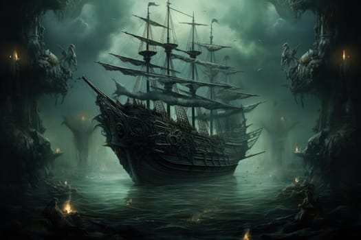 Embark on a haunting journey across the treacherous waters with this captivating illustration by a professional visual artist.