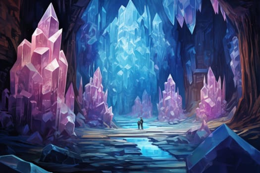 Deep within the realms of fantasy, mysterious icy caves hold untold treasures, guarded by glistening crystal golems.