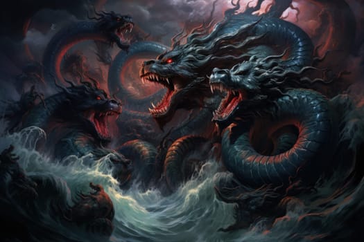 Dive into a fantastical realm where gigantic sea serpents, with their immense coils, slither through treacherous waters.