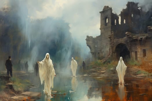 In the realm of fantasy, eerie and ethereal, ancient ruins and crumbling castles are shrouded in an unsettling atmosphere, haunted by ghostly apparitions.