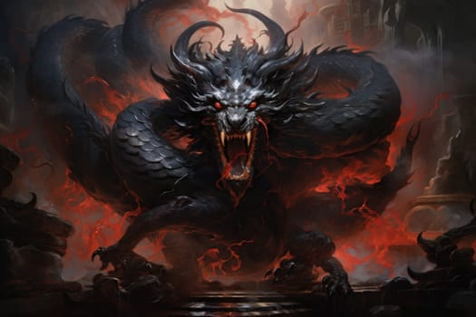 In the realm of fantasy, ferocious shadow dragons dominate the skies, their majestic forms wreathed in darkness.