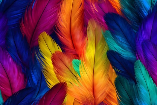 seamless texture and full-frame background of colorful feathers, neural network generated image. Not based on any actual scene or pattern.