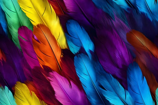 seamless texture and full-frame background of colorful feathers, neural network generated image. Not based on any actual scene or pattern.