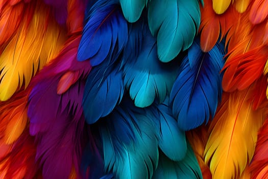 seamless texture and full-frame background of colorful feathers, neural network generated image. Not based on any actual scene or pattern.