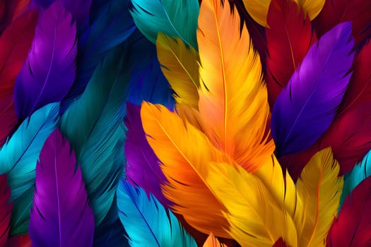 seamless texture and full-frame background of colorful feathers, neural network generated image. Not based on any actual scene or pattern.