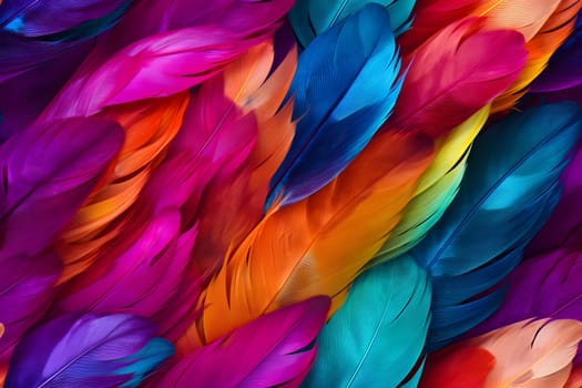 seamless texture and full-frame background of colorful feathers, neural network generated image. Not based on any actual scene or pattern.