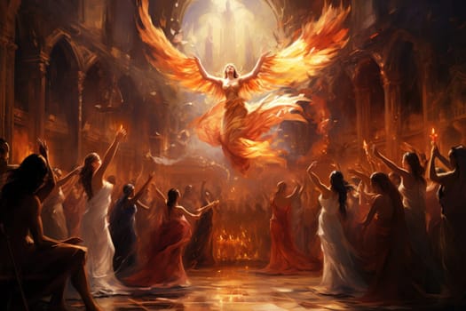 Within the realm of fantasy, elegant phoenix dancers grace the stage, their mesmerizing performances engulfed in flames.