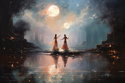In the realm of fantasy, graceful moonlit dancers captivate with their ethereal movements, perfectly synchronized with the celestial rhythms.