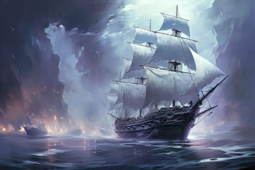 Embark on a haunting journey across the treacherous waters with this captivating illustration by a professional visual artist.